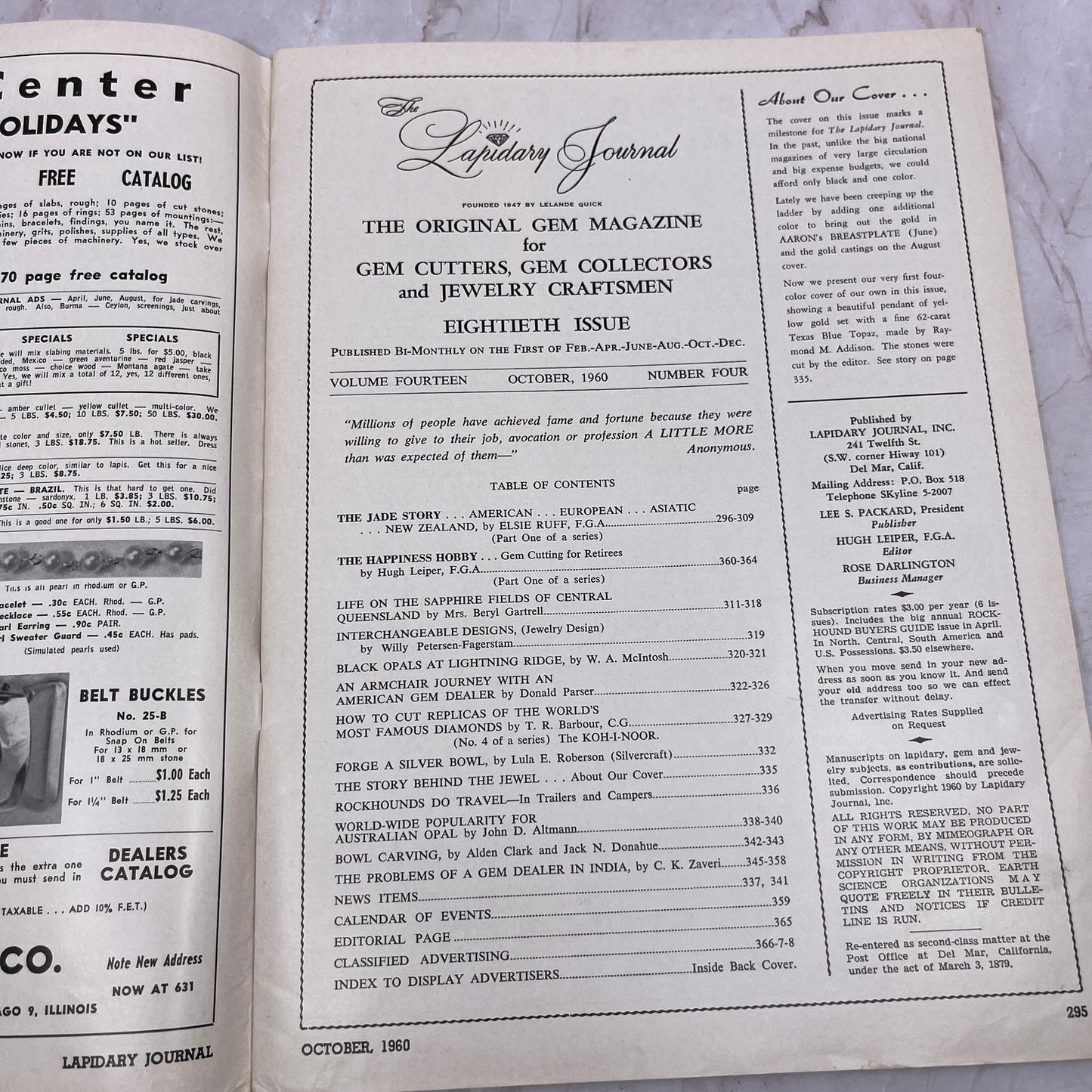 Pendant w/ 62 Carat Texas Blue Topaz - Lapidary Journal Magazine - Oct 1960 M22