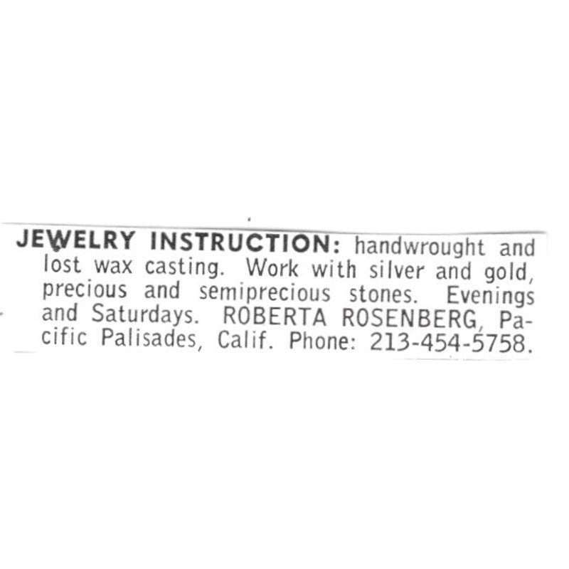 Roberta Rosenberg Jewelry Instruction Pacific Palisades CA 1972 Ad AF8-S8