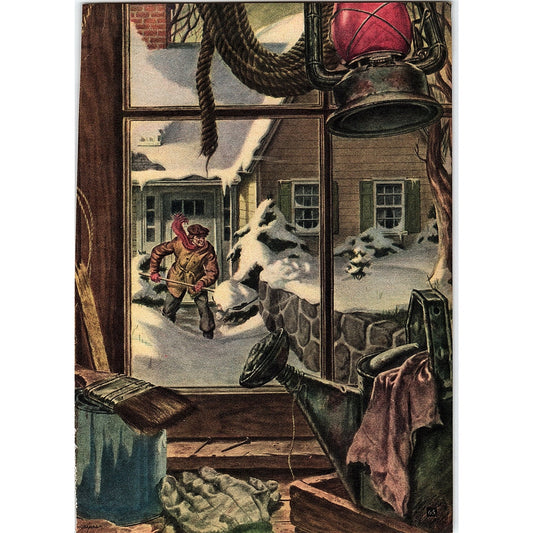 1950s View Out of a Window Man Shoveling Snow on Winter Day Art Print 5x7 V19