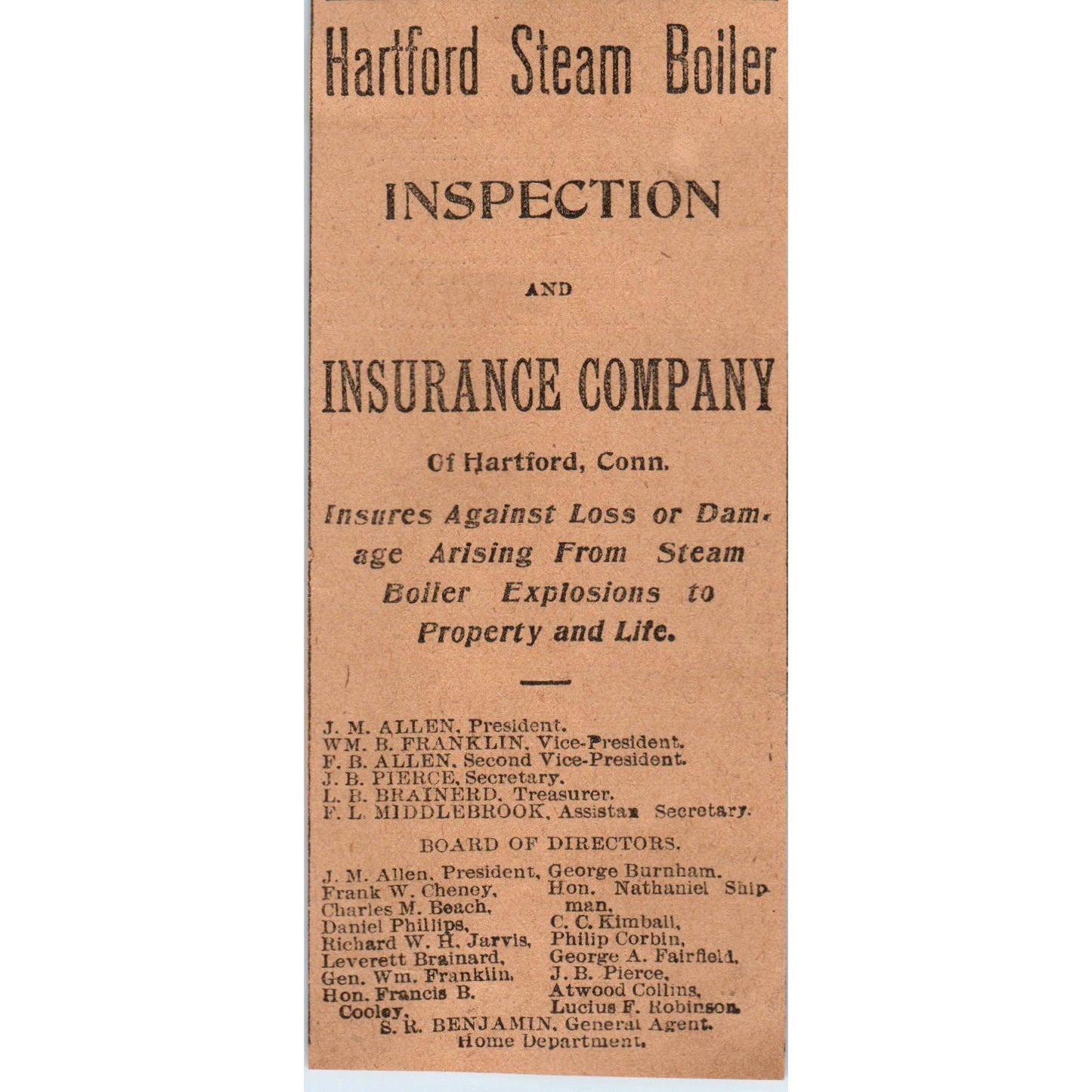 Hartford Steam Boiler Inspection & Ins Co J.M. Allen 1901 Newspaper Ad AD8-H3
