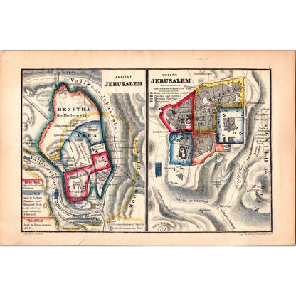 1864 Original Map of Ancient & Modern Jerusalem Tinted Engraving AJ6-2