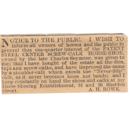 A.H. Rowe Steel Center Screw-Calk Horseshoe Hartford 1886 Newspaper Ad AF7-SS8