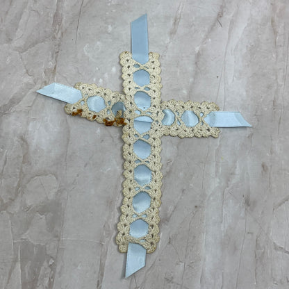 Vintage/Antique Blue Satin Ribbon and Cream Thread Bible Bookmark TG8-VV
