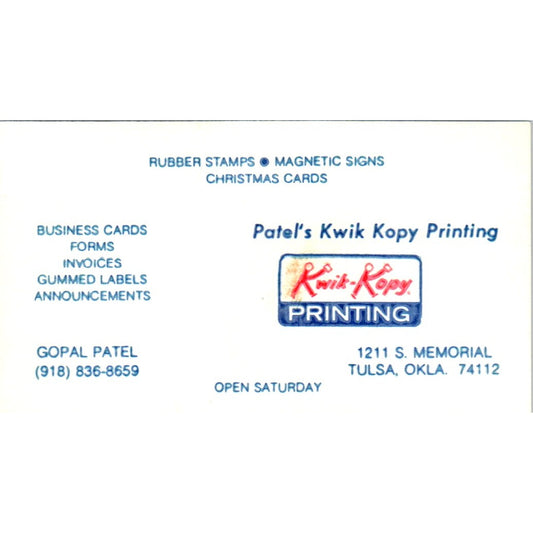 Gopal Patel Kwik-Kopy Printing Tulsa OK Vintage Business Card SD4-B3