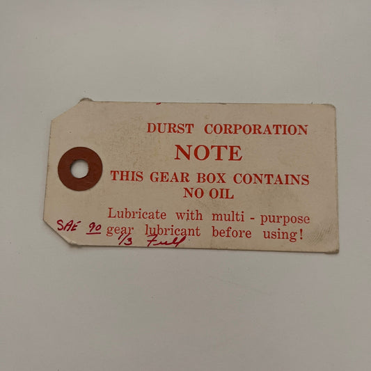 Durst Corporation - Gear Box Contains No Oil Hang Tag AG5-M4