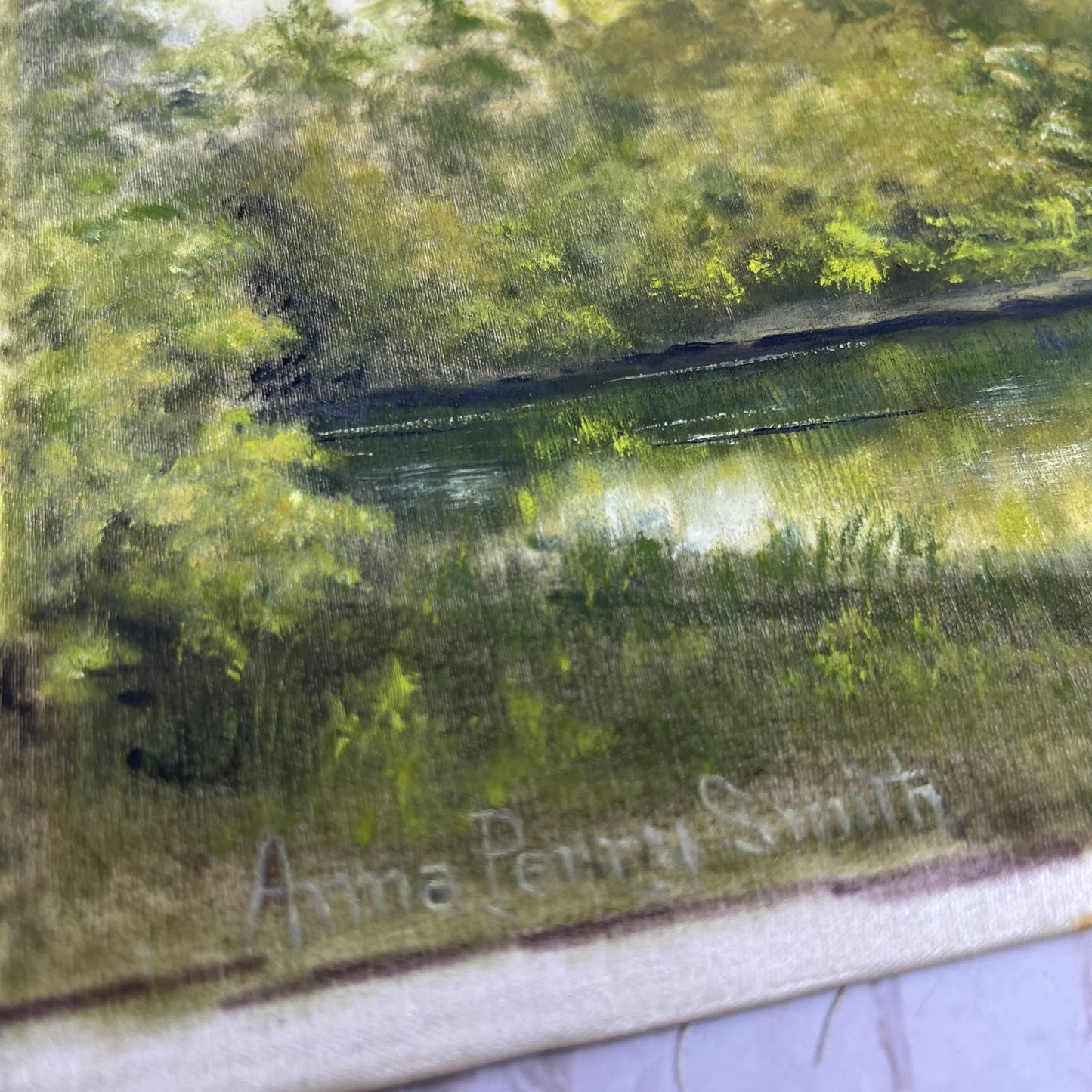 Antique Original Oil Painting on Silk Lake Scene 7x10.5" Anna Perry Smith AE4