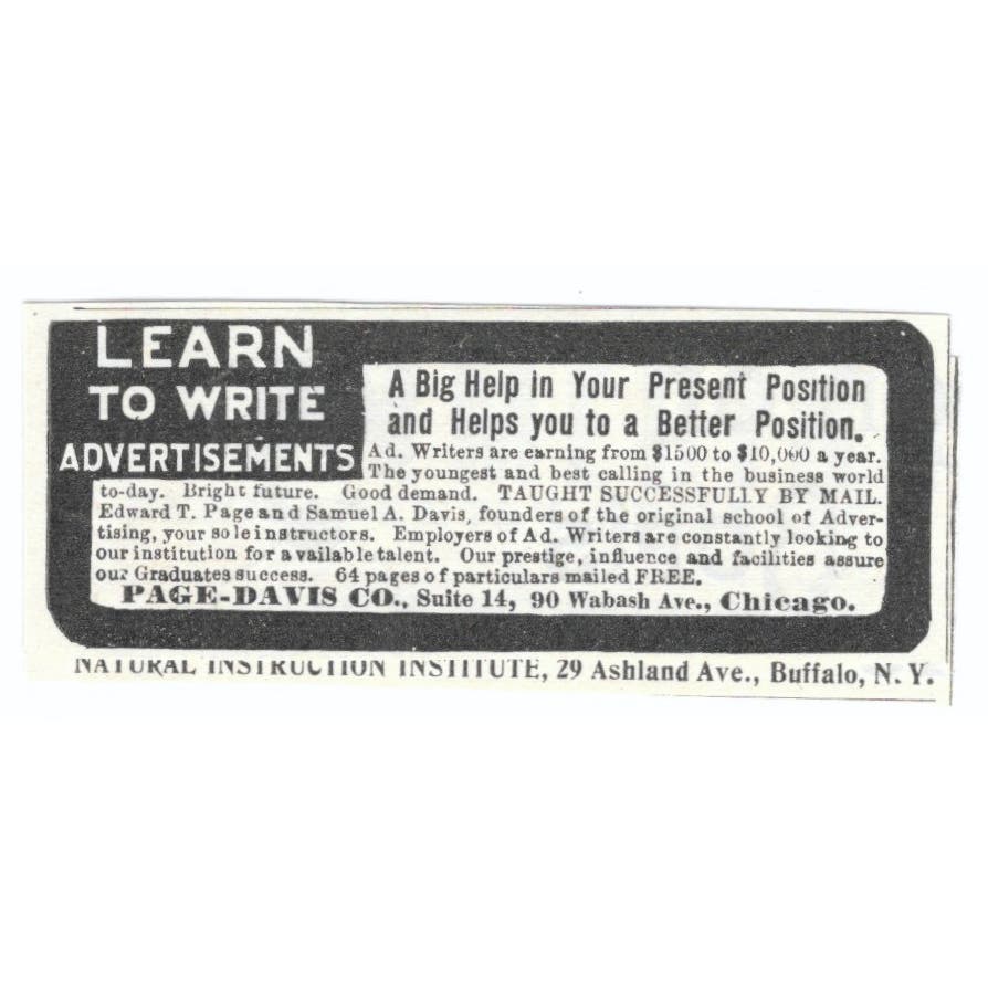 Page-Davis Co Chicago Learn to Write Ads c1905 Original Advertisement AE7-SA1