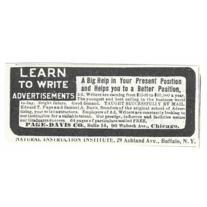 Page-Davis Co Chicago Learn to Write Ads c1905 Original Advertisement AE7-SA1