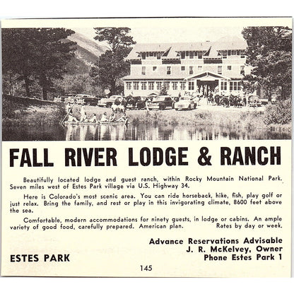 Fall River Lodge & Ranch JR McKelvey, Holiday Motel Estes Park CO 1958 Ad AG1-H1