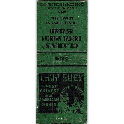 Clara's Oriental American Restaurant Miami FL Vintage Matchbook Cover SC7-Y10