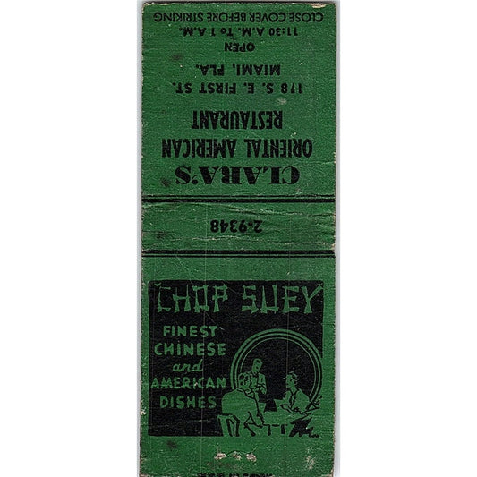 Clara's Oriental American Restaurant Miami FL Vintage Matchbook Cover SC7-Y10
