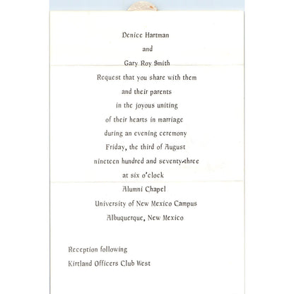 1973 Denice Hartman & Gary Roy Smith Wedding Invitation Albuquerque NM AE8