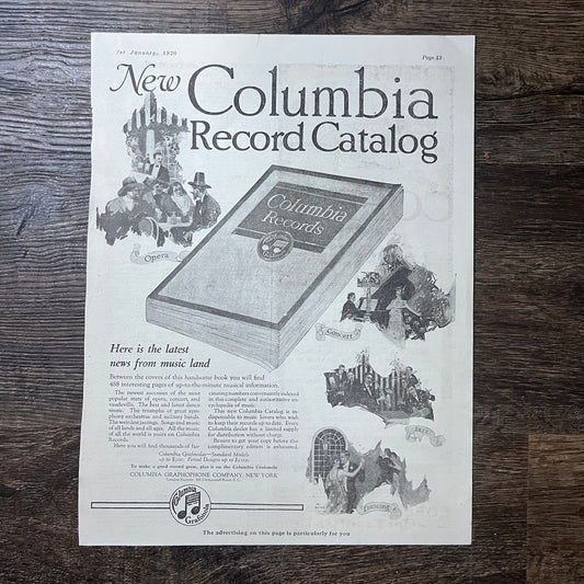 1920 New Columbia Record Catalog Promo Vintage Magazine Ad 10x13 V9