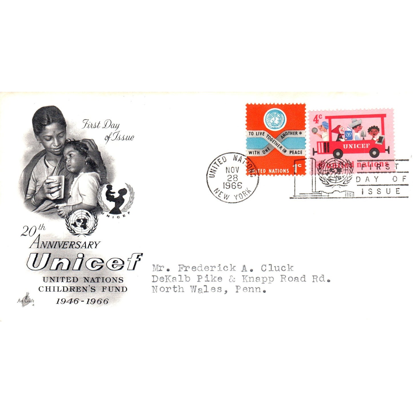 1966 20th Anniversary of Unicef First Day of Issue Postal Cover TI5-PC1