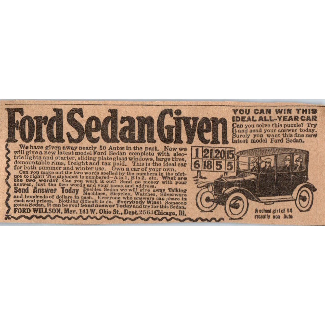 Ford Sedan Giveaway Ford Wilson Chicago 1923 Magazine Ad Clip AE1-3