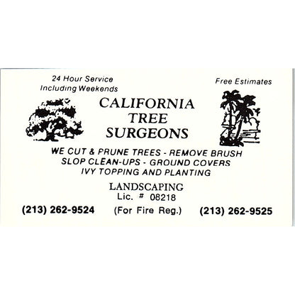 California Tree Surgeons and Construction Long Beach Vtg Business Card SC9-B1