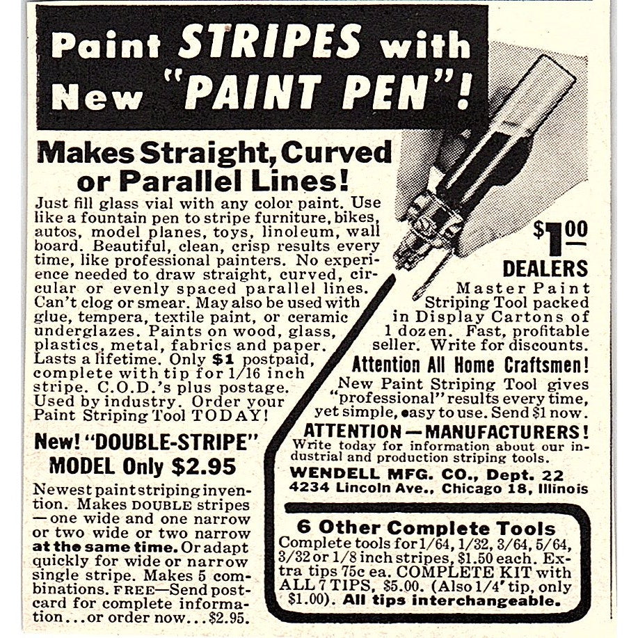 Paint Stripes With New Paint Pen Wendell Mfg Co Chicago 1955 Ad AF9-M3