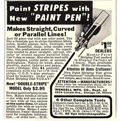 Paint Stripes With New Paint Pen Wendell Mfg Co Chicago 1955 Ad AF9-M3