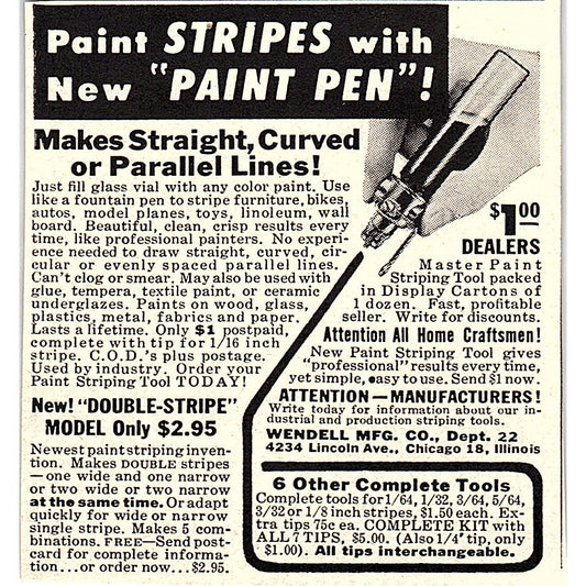 Paint Stripes With New Paint Pen Wendell Mfg Co Chicago 1955 Ad AF9-M3
