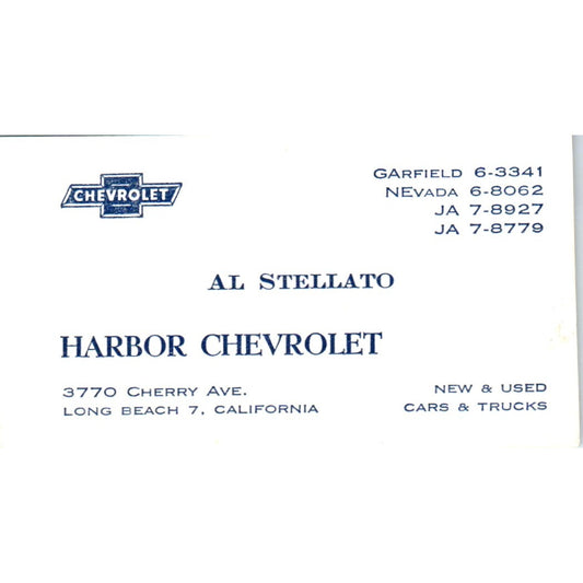 Al Stellato Harbor Chevrolet Long Beach CA Vintage Business Card SE3-B7