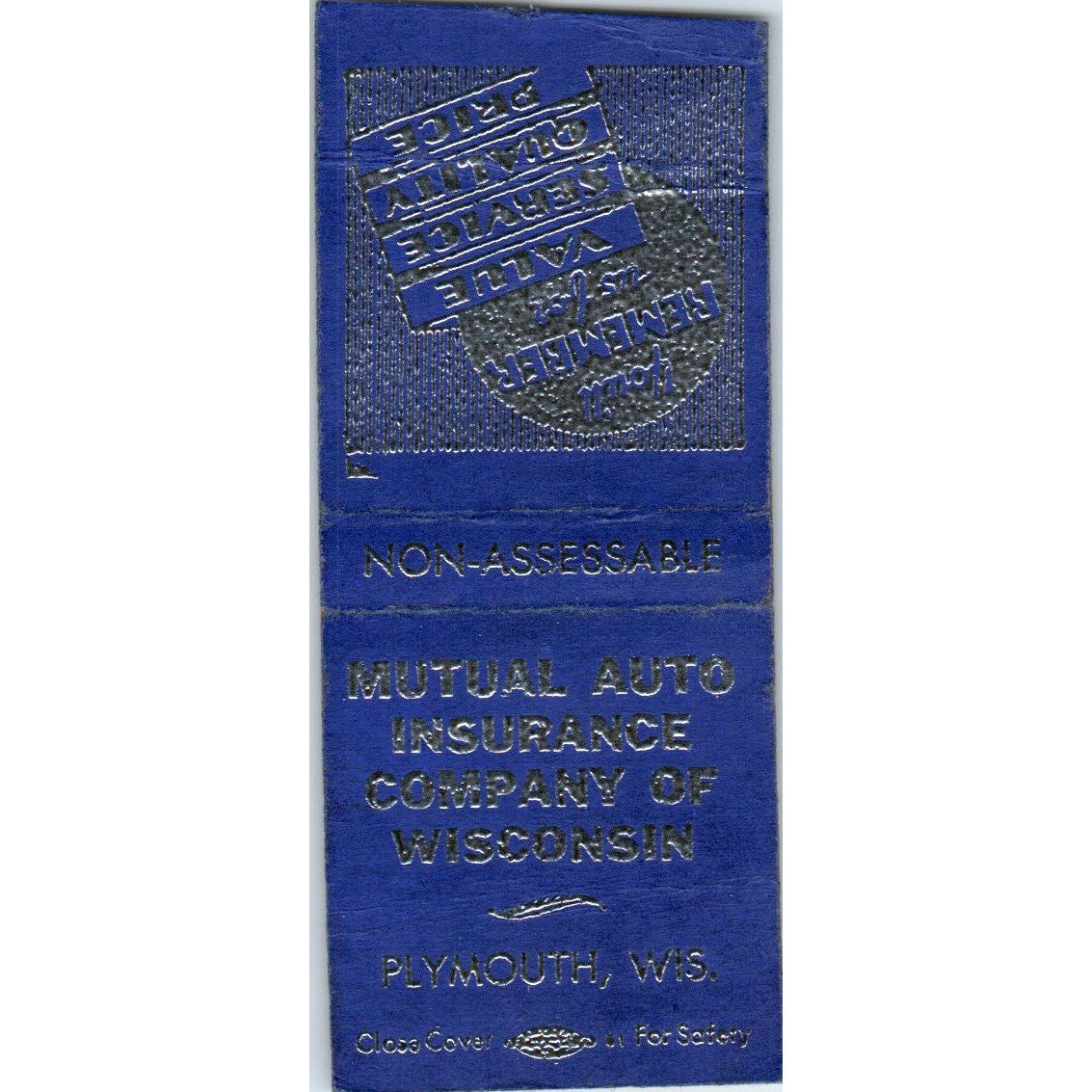 Mutual Auto Ins Co of Wisconsin Plymouth WI Vintage Matchbook Cover SD2-Y1