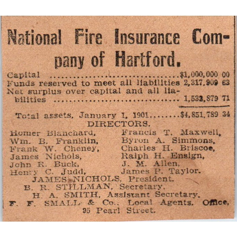 National Fire Ins Co of Hartford James Nichols 1901 Newspaper Ad AD8-HS5