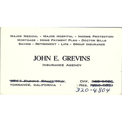 John E Grevins Ins Co Torrance CA Vintage Business Card SD9-B10