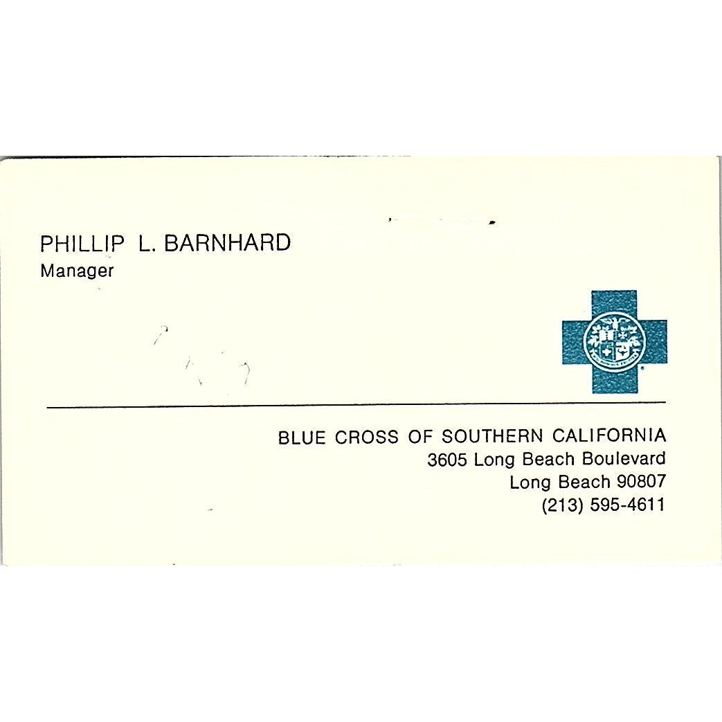 Phillip L Barnard Blue Cross Long Beach Vintage Business Card SD9-B11