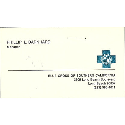 Phillip L Barnard Blue Cross Long Beach Vintage Business Card SD9-B11