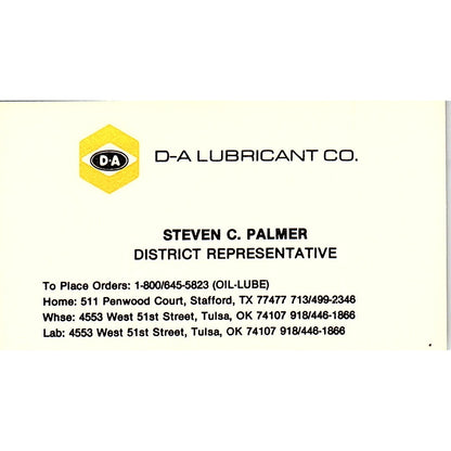 D-A Lubricant Co Steven C Palmer Tulsa OK Vintage Business Card SD9-B13