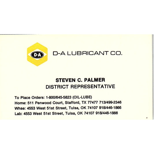 D-A Lubricant Co Steven C Palmer Tulsa OK Vintage Business Card SD9-B13
