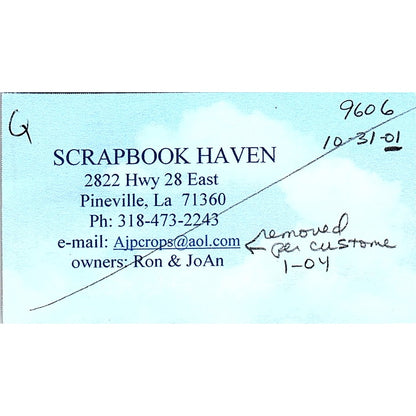 Scrapbook Haven Ron & JoAn Pineville LA Vintage Business Card SC9-B11