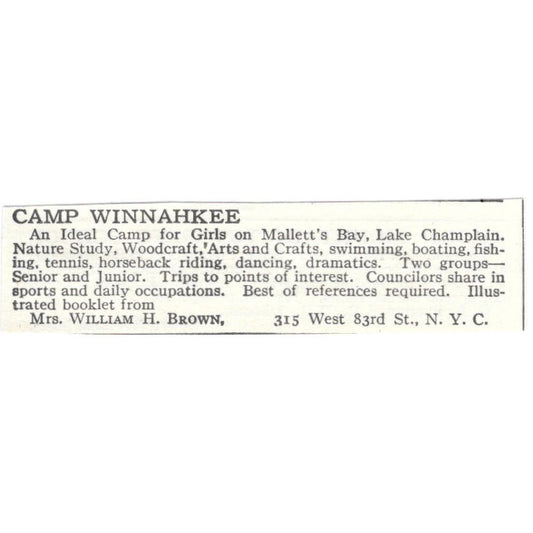 Camp Winnahkee Mallett's Bay Lake Champlain WIlliam H. Brown c1918 Ad AE5-SA11