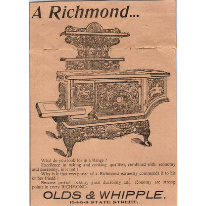 Richmond Wood Stove Olds & Whipple State St Hartford 1901 Newspaper Ad AD8-H2