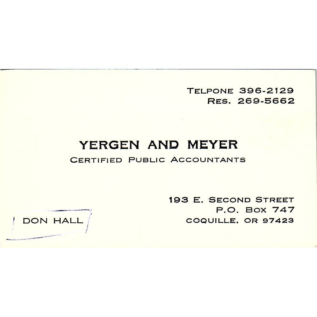 Yergen & Meyer CPA Do Hall Coquille OR Vintage Business Card SD9-B1
