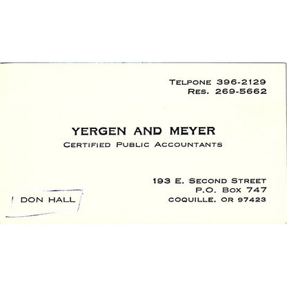 Yergen & Meyer CPA Do Hall Coquille OR Vintage Business Card SD9-B1