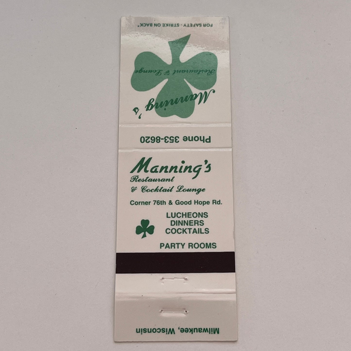 Manning's Restaurant Milwaukee WI Vintage Matchbook Cover TB6-MB2-3
