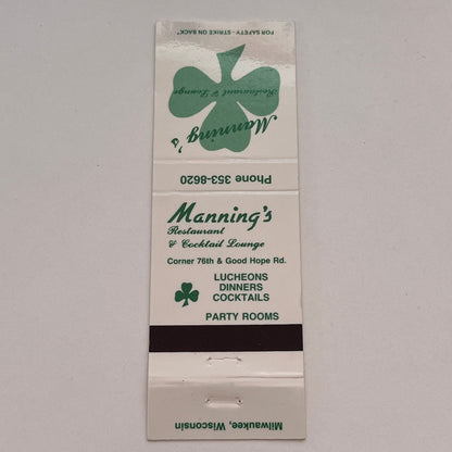 Manning's Restaurant Milwaukee WI Vintage Matchbook Cover TB6-MB2-3