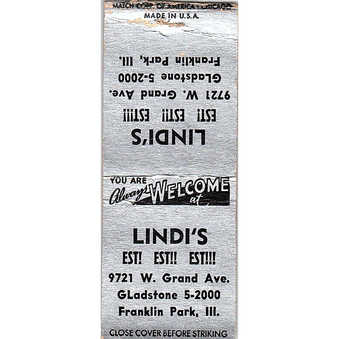 Lindi's Restaurant Franklin Park IL Vintage Matchbook Cover SF3-Y5