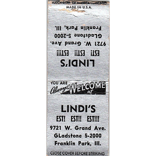 Lindi's Restaurant Franklin Park IL Vintage Matchbook Cover SF3-Y5