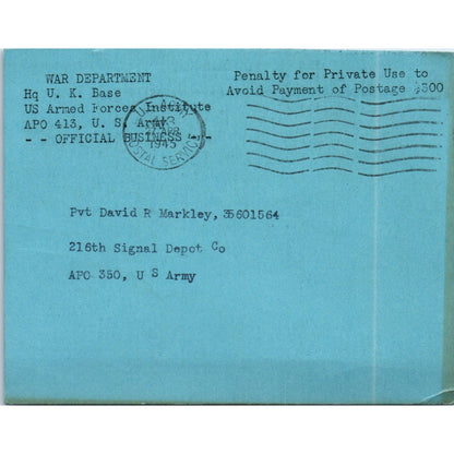 1945 WWII Mailing Card Pvt David R. Markley, War Dept UK Headquarters TH9-SX2