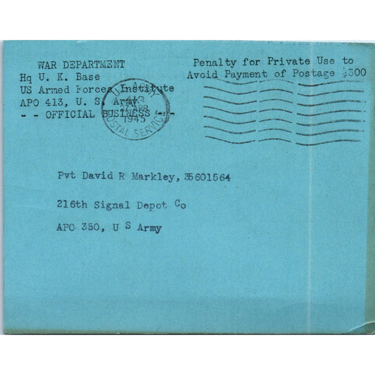 1945 WWII Mailing Card Pvt David R. Markley, War Dept UK Headquarters TH9-SX2