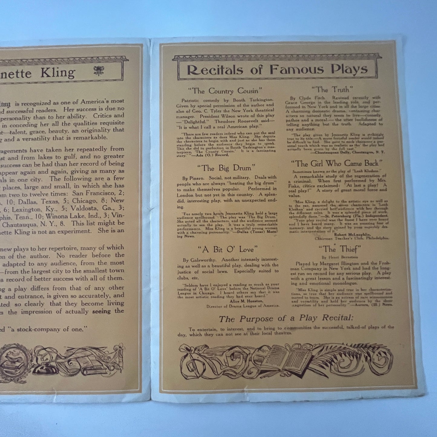 Jeanette Kling Recitals of Famous Plays Antique Program Brochure K23