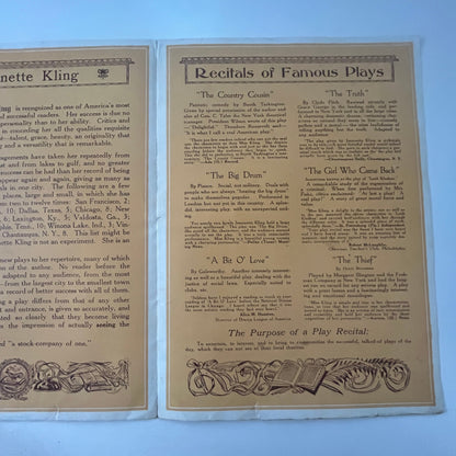 Jeanette Kling Recitals of Famous Plays Antique Program Brochure K23