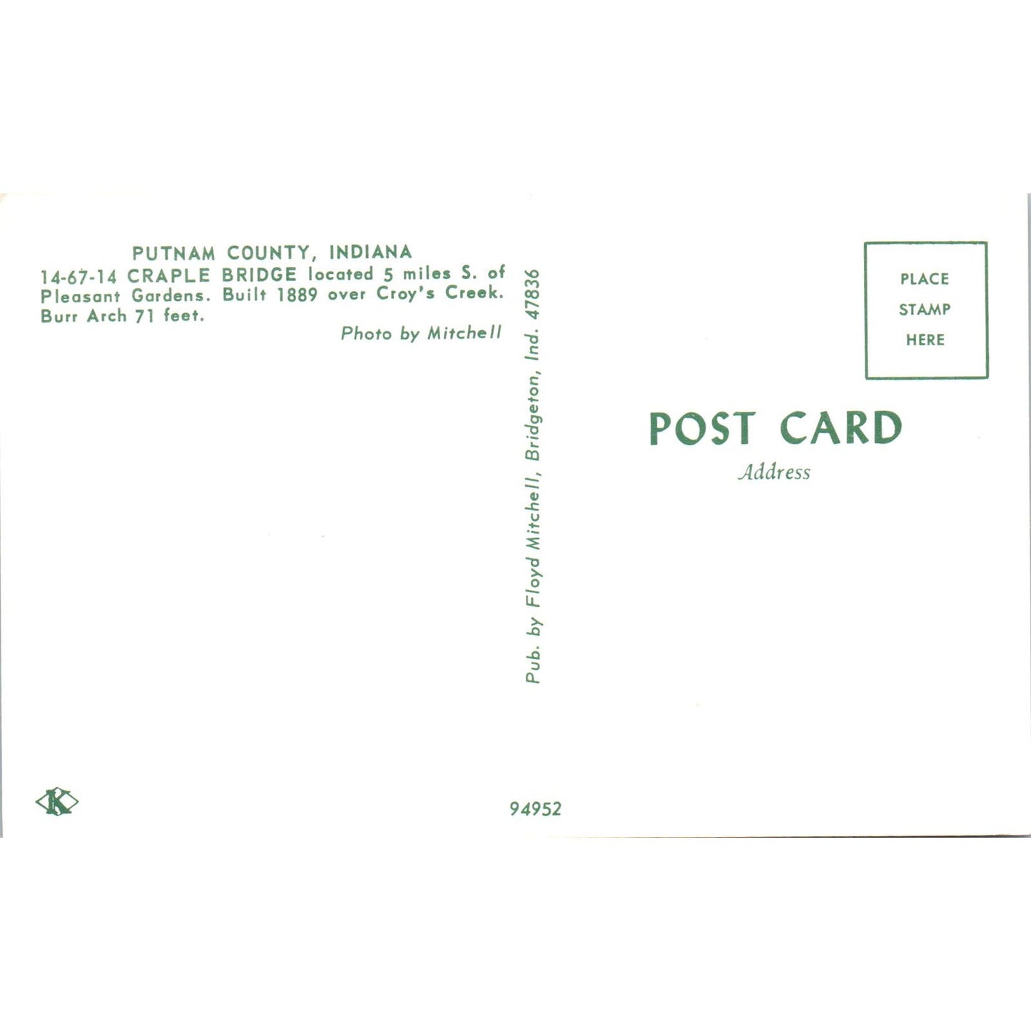 Craple Bridge Putnam County Indiana Covered Bridge Postcard PB12