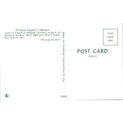 Craple Bridge Putnam County Indiana Covered Bridge Postcard PB12