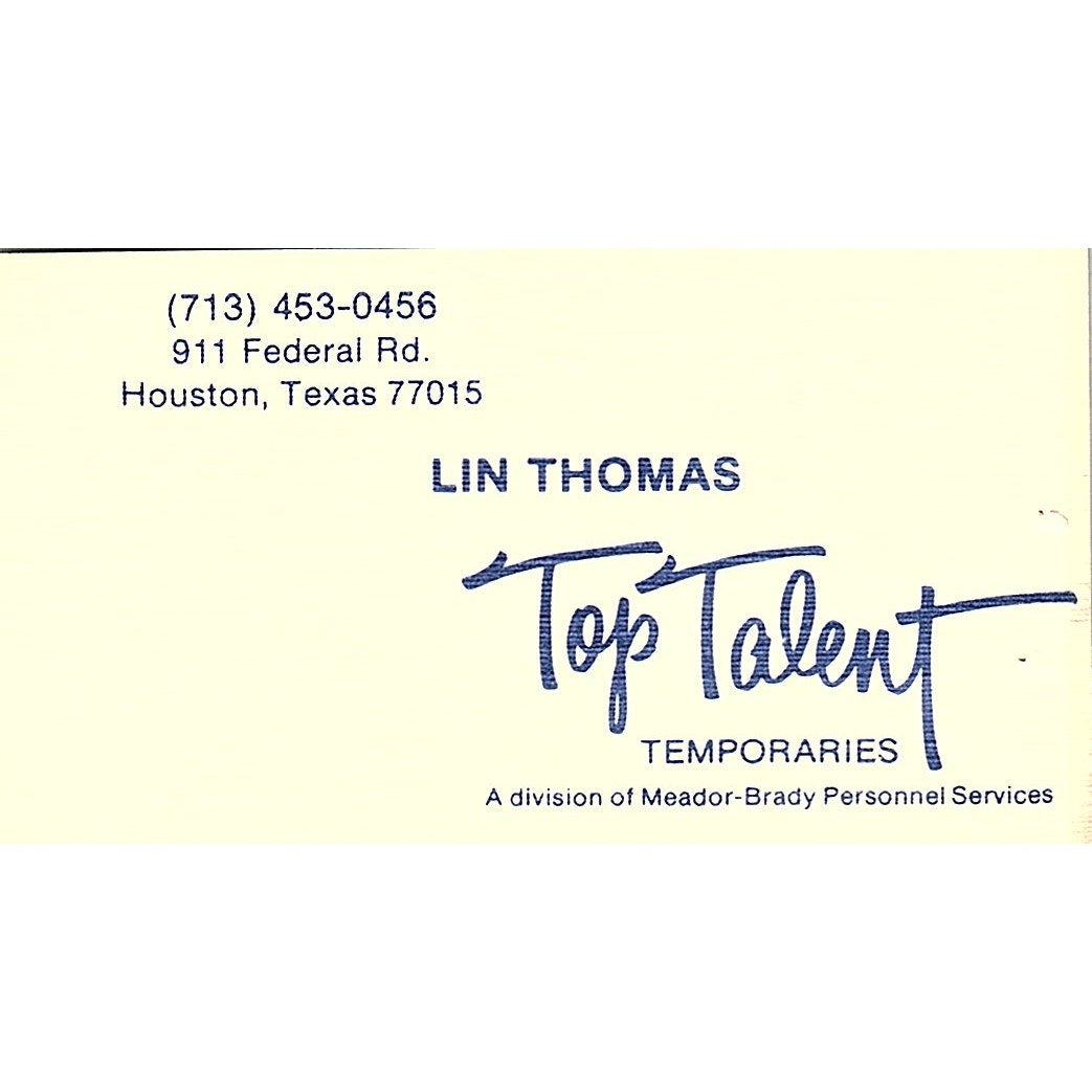 Lin Thomas Top Talent Temporaries Houston TX Vintage Business Card SB4-B12