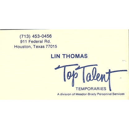 Lin Thomas Top Talent Temporaries Houston TX Vintage Business Card SB4-B12