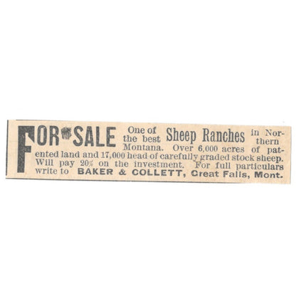 Baker & Collett Sheep Ranches Great Falls MT 1892 Magazine Ad AB6-S3