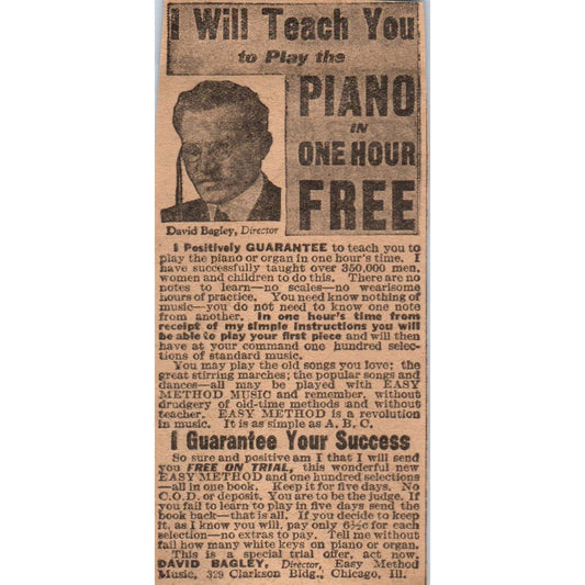 David Bagley Chicago Learn Piano in One Hour 1923 Magazine Ad Clip AE1-5